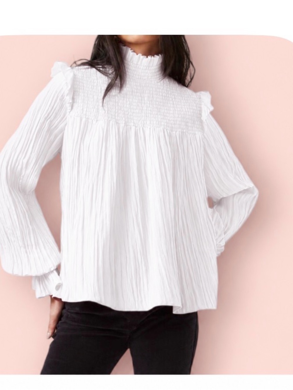 French Connection White Smocked High-Neck Ruffled Blouse size small
